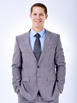 Buy stock photo Businessman, studio and happy portrait in formal suit for ambition, confident and commitment in recruitment. Smile, face and hr consultant with confidence in career and positive  by white background