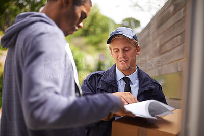 Buy stock photo Delivery, box and postman with package, cargo and courier from online shopping. Logistics, ecommerce and signature on paperwork for product exchange, retail or distribution shipping by postal worker 