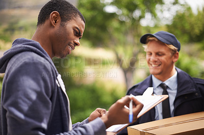 Buy stock photo Courier, men and customer signature for a delivery, clipboard and product with industry and box. People, service and employee with client and document with shipping and post with paperwork and stock