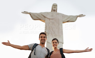 Buy stock photo Travel, portrait or happy couple on holiday with statue for vacation memory, hiking or sightseeing in city. Christ the Redeemer, tourism or man with a woman for adventure in Rio de Janeiro, Brazil