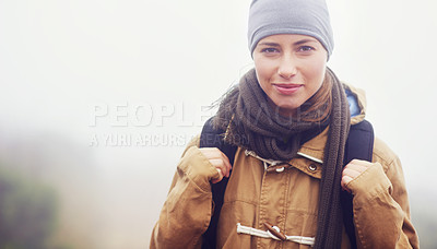 Buy stock photo Happy woman, hiking and portrait with backpack, winter and morning fitness for travel in mountain. Strong, athlete and smile face in nature for exercise, outdoor and walking for health in environment