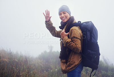 Buy stock photo Happy woman, hiking and portrait in nature with wave and greeting for morning adventure in mountain. Healthy person, positive and face in outdoor exercise and walk for journey in sweden countryside