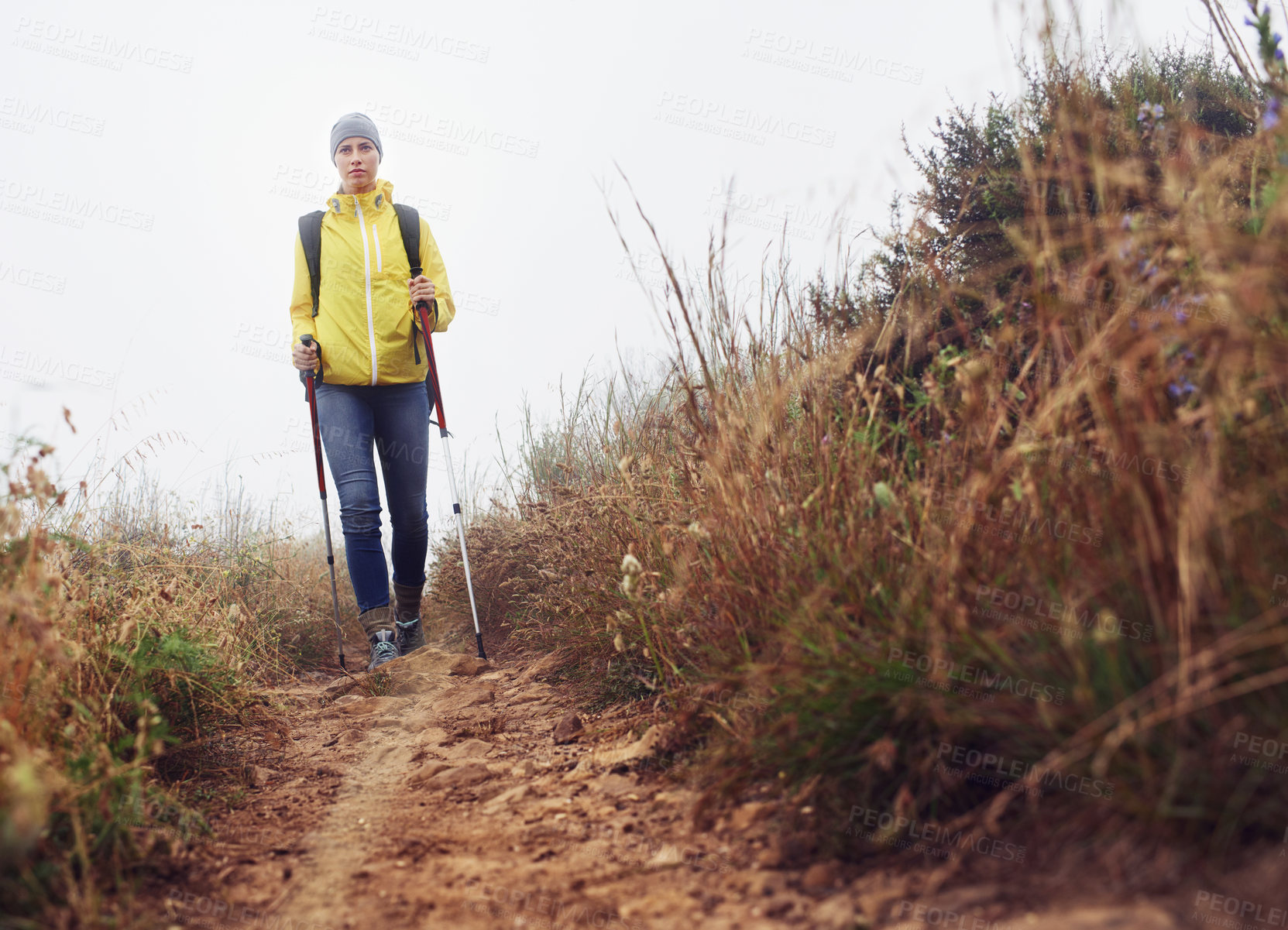 Buy stock photo Hiking, woman and fitness with trekking pole in a bush path or forest trail for exercise, workout or walking on winter morning. Adventure, person or hiker in nature with backpack on holiday or travel