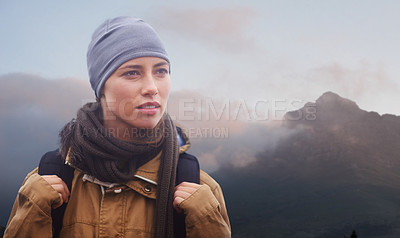 Buy stock photo Woman, hiking and calm in nature with backpack, winter and thinking of exercise in mountain. Person, adventure or trekking gear for safety in outdoor environment, cold or sport or walking for fitness