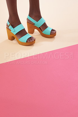 Buy stock photo Female model, shoes and high heels for feet, floor and fashion with mock up space and colour block. Contemporary, stylish and trendy for funky black woman person, retro and unique vintage design
