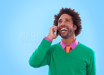 Buy stock photo African man, phone call and afro with smile, businessman and thinking on studio background. Cellphone, laughing  and talking with mockup space, professional and vibrant style for happy male person
