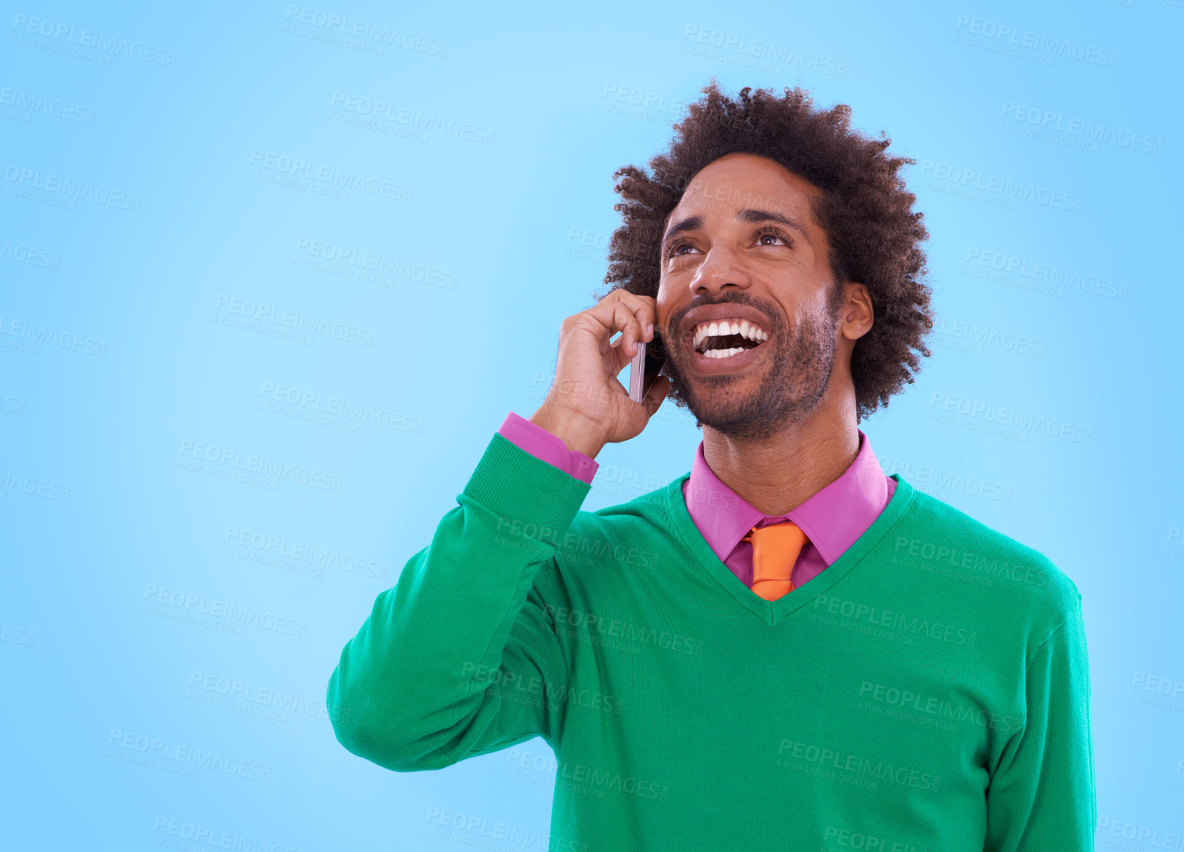 Buy stock photo African man, phone call and afro with smile, businessman and thinking on studio background. Cellphone, laughing  and talking with mockup space, professional and vibrant style for happy male person