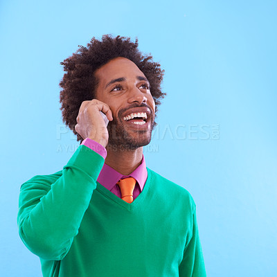 Buy stock photo African man, phone call and afro with smile, businessman and thinking on studio background. Cellphone, conversation and talking with mockup space, professional and vibrant style for American male 