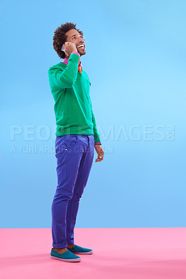 Buy stock photo Fashion, black man and happy in studio with color block in clothes for trendy, style and outfit. Male person, stylist and fashionable for season trends with smile for funky, edgy and formal wear.