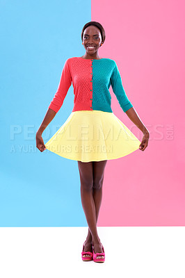 Buy stock photo Fashion, studio or portrait of black woman with colorful, trendy and stylish outfit with smile. Unique, different and happy African model with edgy, classy and retro style on pink and blue background