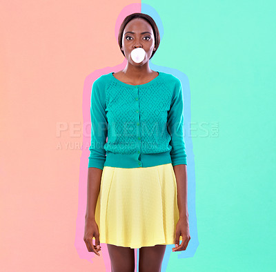 Buy stock photo Black woman, studio and fashion with gum for bubble, blowing and stylish with color block. Candy, art and face of African person with outline for fun, chewing and trendy clothes in portrait