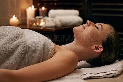 Buy stock photo Woman, luxury and spa with calm, zen and rest for relaxation and stress relief. Person, treatment and wellness for self care, health and massage parlour for happiness and beauty with serenity
