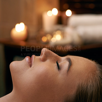 Buy stock photo Woman, spa and relax with luxury, closeup and peace with wellness and bokeh. Person, skincare and health for zen, calm and body care at resort or massage parlour and serene ambience and treatment