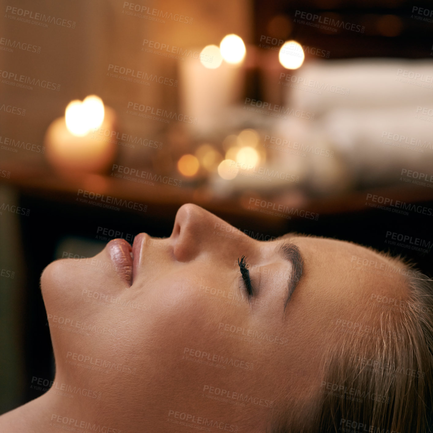 Buy stock photo Woman, spa and relax with luxury, closeup and peace with wellness and bokeh. Person, skincare and health for zen, calm and body care at resort or massage parlour and serene ambience and treatment