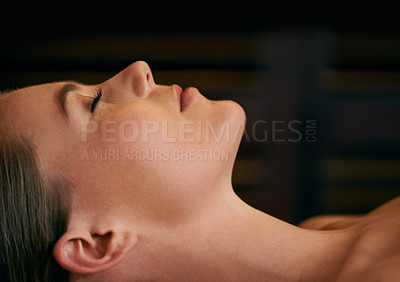 Buy stock photo Woman, zen and calm in spa for peace or wellness, sleeping or daydreaming and relax to free tension. Female person, closeup and luxury for stress relief or rest for wellbeing with mindfulness.