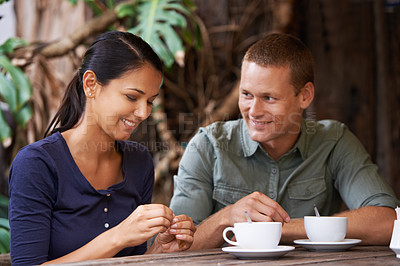Buy stock photo Restaurant, coffee and couple with conversation, love and customers with relationship and marriage. Cafe, relaxing and man with woman and morning with weekend break and bonding together with people