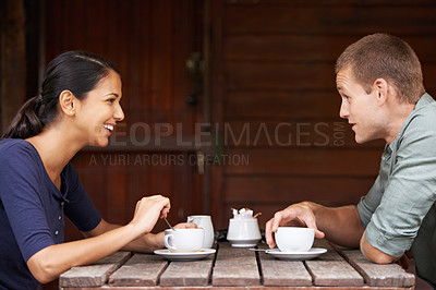 Buy stock photo Restaurant, coffee and couple with conversation, date and customers with relationship and weekend break. Cafe, relaxing or man with woman or morning tea with marriage or bonding together with clients