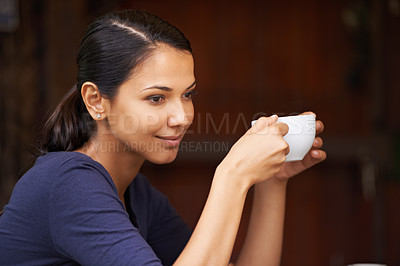 Buy stock photo Woman, cafe and coffee with thinking, relax and smile for break and happiness. Customer, restaurant and mug with ideas, positivity and caffeine planning weekend outdoor with tea or beverage alone