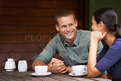 Buy stock photo Holding hands, coffee shop and couple with conversation, love and customers with relationship and date. Restaurant, marriage and man with woman and morning with weekend break and bonding together