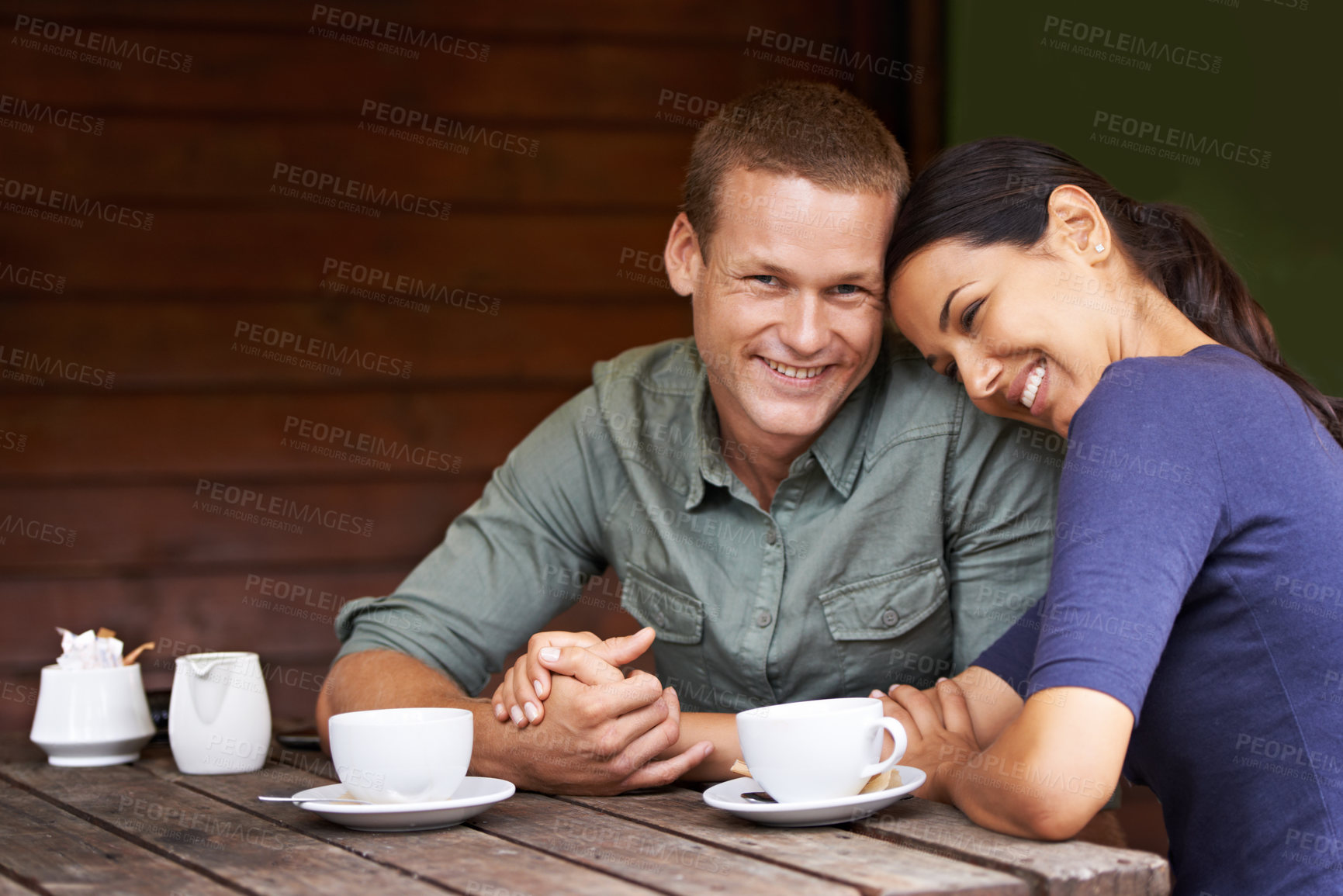 Buy stock photo Restaurant, coffee and couple with conversation, love and customers with morning tea and marriage. Cafe, relaxing and man with woman and clients with weekend break and bonding together with a date