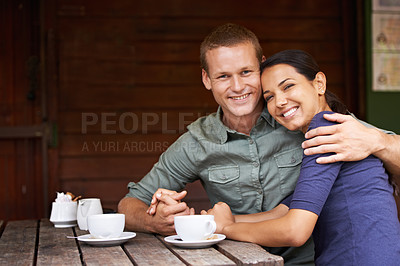 Buy stock photo Restaurant, coffee and couple with portrait, hug and customers with relationship and care. Cafe, relax and man with woman or morning with weekend break or bonding together with date, love or marriage