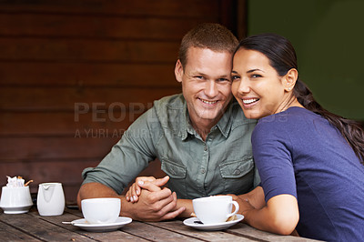 Buy stock photo Restaurant, coffee and couple with love, portrait and customers with relationship and date. Cafe, relax and man with woman or morning with weekend break or bonding together with clients or marriage
