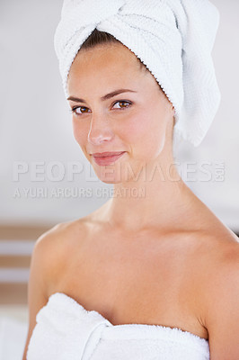 Buy stock photo A young woman fresh from the shower