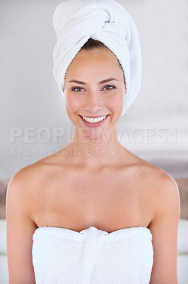 Buy stock photo Wellness, portrait and woman at sauna for beauty, skin care and health. Happy adult lady, female person and smile for cosmetics, body and wellbeing with facial, treatment and natural glow in Canada