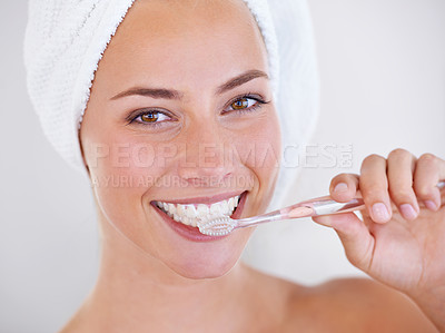 Buy stock photo Toothbrush, dental and portrait of woman brushing teeth for health, wellness and morning oral routine. Self care, smile and young female person with mouth for clean, hygiene or dentistry treatment.