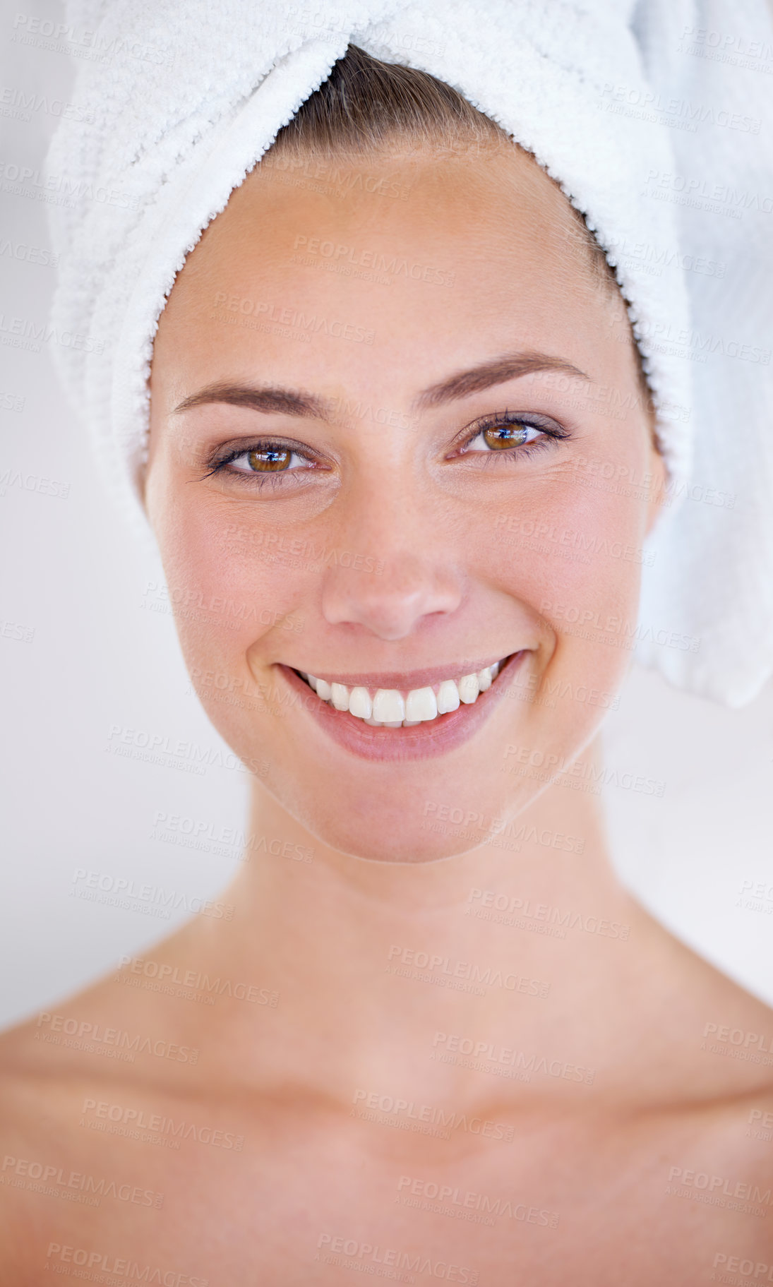 Buy stock photo Woman, face and smile with towel for skincare, dermatology, and cosmetic treatment for beauty. Model, happy person and clear skin for hygiene and cleanse for natural and fresh with bright smile