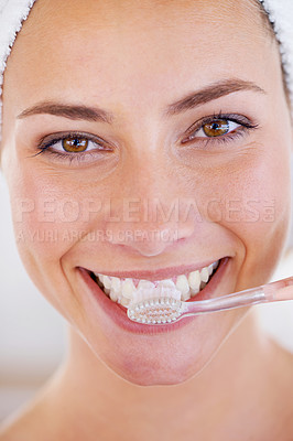 Buy stock photo Toothbrush, hygiene and portrait of woman brushing teeth for health, wellness and morning oral routine. Self care, smile and young female person with mouth for clean, dental or dentistry treatment.