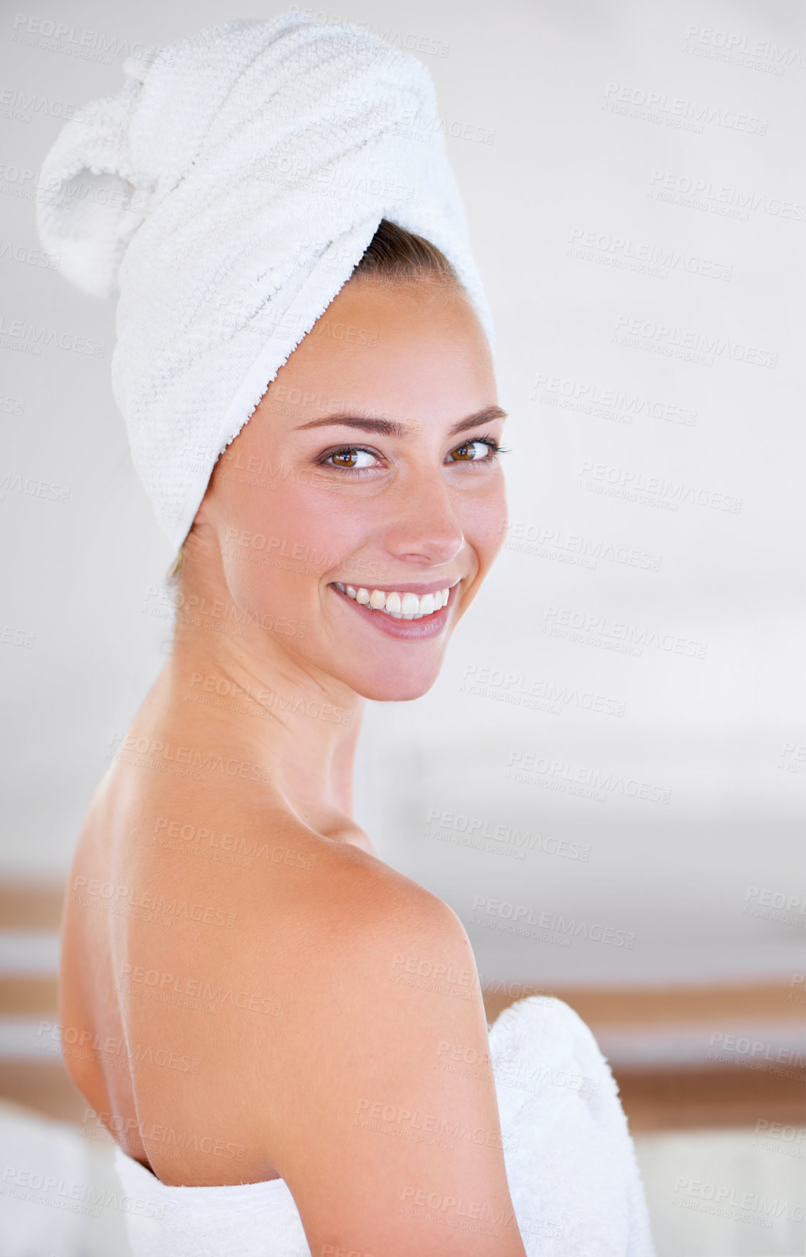 Buy stock photo Portrait of a woman during her morning beauty routine