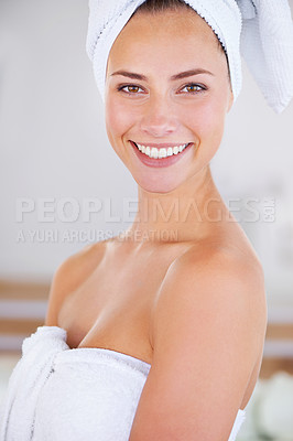 Buy stock photo Portrait of a woman during her morning beauty routine