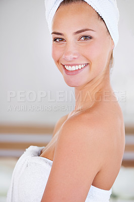 Buy stock photo Portrait, spa and skincare of happy woman in bathroom for wellness or beauty at home. Face, towel and natural cosmetics of female person with facial treatment, cleaning or hygiene for healthy body