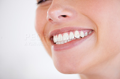 Buy stock photo Smile, oral hygiene and closeup of woman teeth with health, wellness and morning dental routine. Self care, happy and zoom of young female person with mouth for clean, fresh or dentistry treatment.