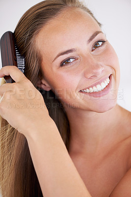 Buy stock photo Portrait, brush or hair care of happy woman in bathroom in home for cosmetics, clean or wellness for healthy growth. Hairstyle, face or person combing for morning routine, beauty or keratin treatment