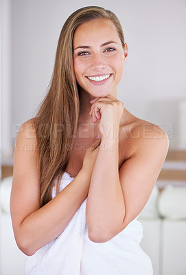 Buy stock photo Confident brunette woman posing in a towel