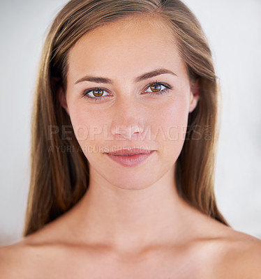 Buy stock photo Head shot of a gorgeous brunette with a perfect complexion