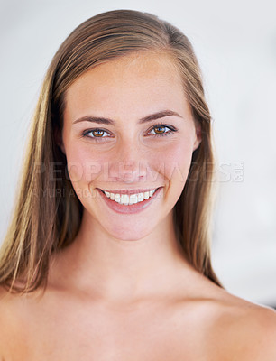 Buy stock photo Head shot of a gorgeous brunette with a perfect complexion