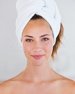 Buy stock photo Closeup, portrait and woman with skin care, beauty and cosmetics for wellness. Happy lady, female person and face for aesthetic, spa and wellbeing in hygiene, treatment and natural glow in Canada