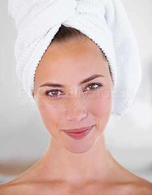 Buy stock photo Portrait, beauty and skincare of woman in towel in spa for  wellness in bathroom at home. Face, clean or natural cosmetics of female person with facial treatment, dermatology or glow for healthy skin