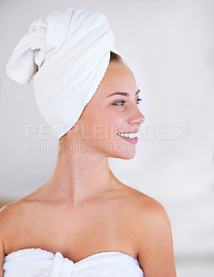 Buy stock photo Cropped shot of a beautiful woman during her morning beauty routine