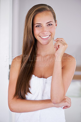 Buy stock photo Portrait, towel and skincare of happy woman in bathroom for wellness or beauty at home. Face, morning and natural cosmetics of person in spa facial treatment, cleaning or hygiene for healthy body