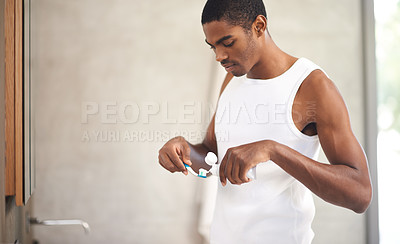 Buy stock photo Bathroom, black man and toothpaste for teeth, cleaning and  oral hygiene of mouth, dental and health. Male person, self care and toothbrush for tooth in morning, whitening and fresh breath for guy