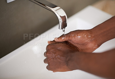 Buy stock photo Sink, water and washing of hands for hygiene, bacteria and cleaning virus for healthcare. African person, self care and sanitary with bath with liquid in washbasin of bathroom for safety from germs