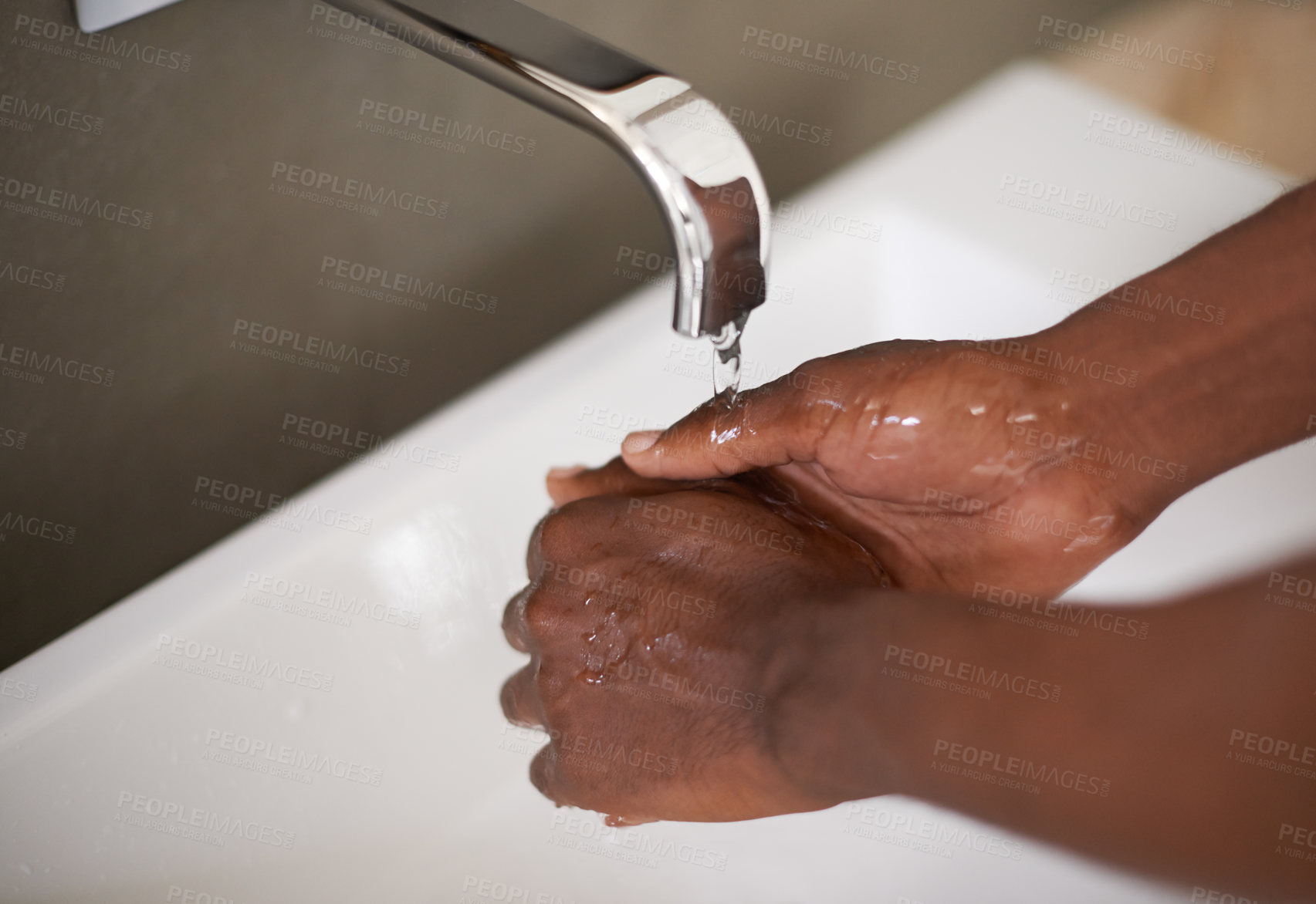 Buy stock photo Sink, water and washing of hands for hygiene, bacteria and cleaning virus for healthcare. African person, self care and sanitary with bath with liquid in washbasin of bathroom for safety from germs