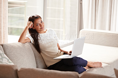 Buy stock photo Laptop, home and portrait of a woman on a sofa with internet connection for streaming online. Happy female person relax on couch with technology for communication, social media and reading email
