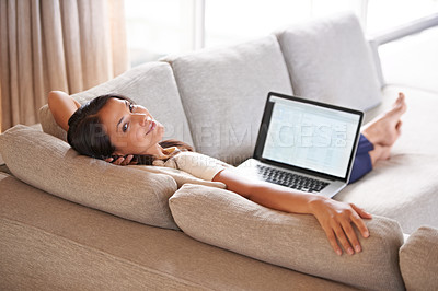 Buy stock photo Woman, relax and laptop screen for remote work, sofa and lounge to connect to wifi and portrait smile. Female person, copywriter and couch in living room, working from home and online for network 
