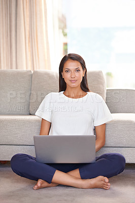 Buy stock photo Laptop, home and portrait of a woman on  lounge floor with internet connection for streaming online. Female person or student relax in a house for remote work, studying and research or email for blog