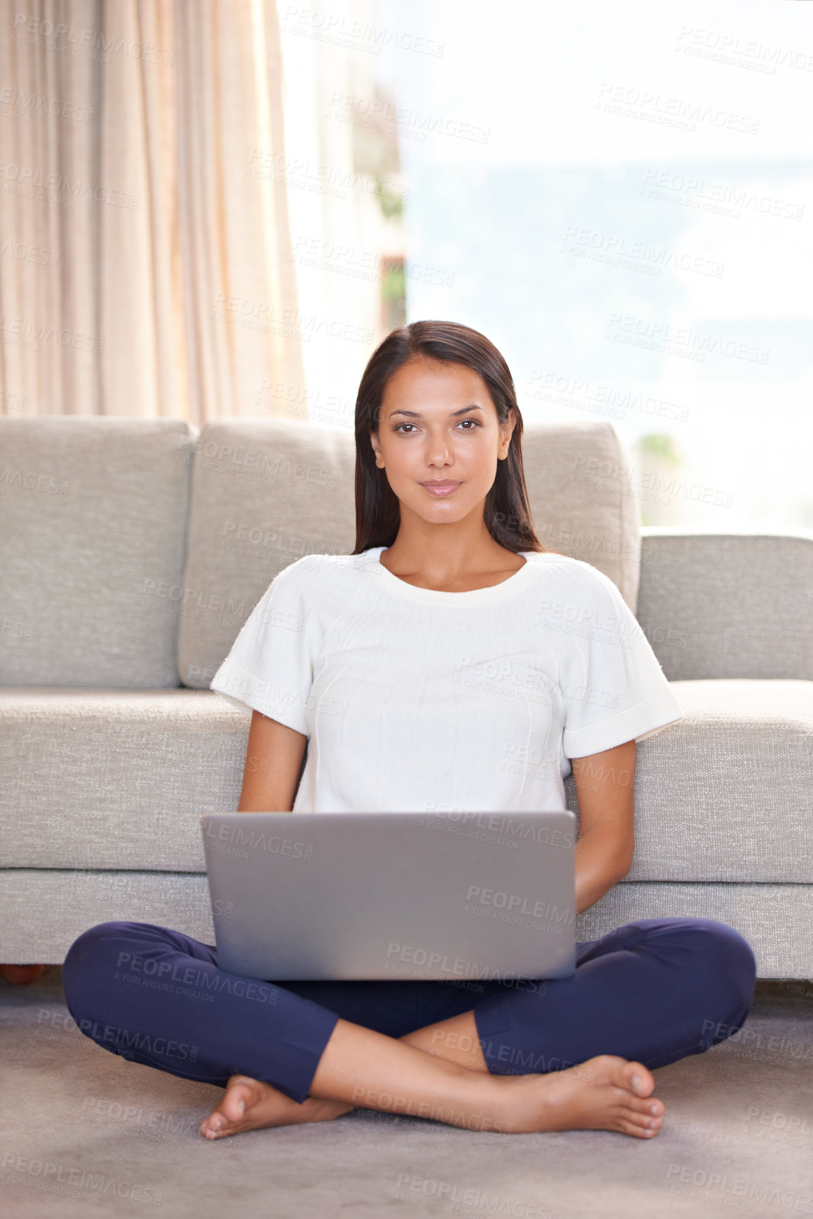 Buy stock photo Laptop, home and portrait of a woman on  lounge floor with internet connection for streaming online. Female person or student relax in a house for remote work, studying and research or email for blog